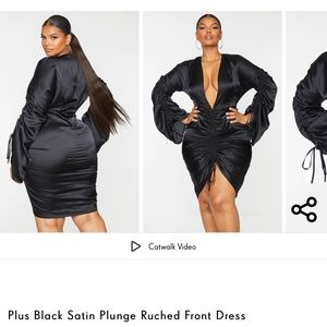 Plus black satin ruched dress